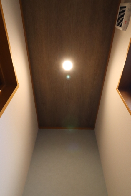 天井は木目柄アクセントクロスやダウンライト